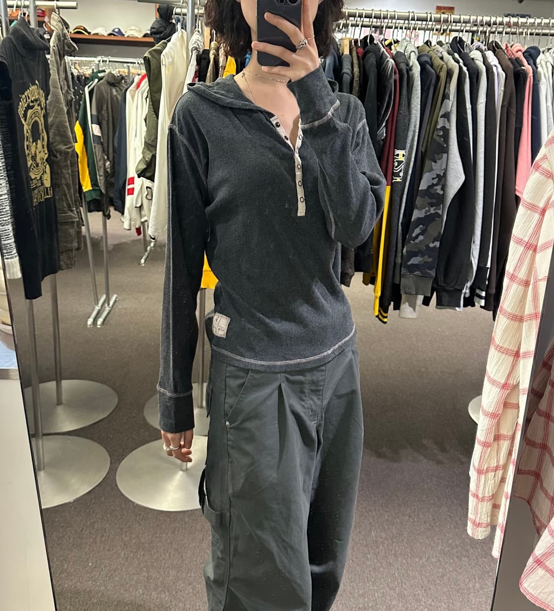XL)Japanese vintage 여성 스냅 버튼 그레이 후디 상품이미지2