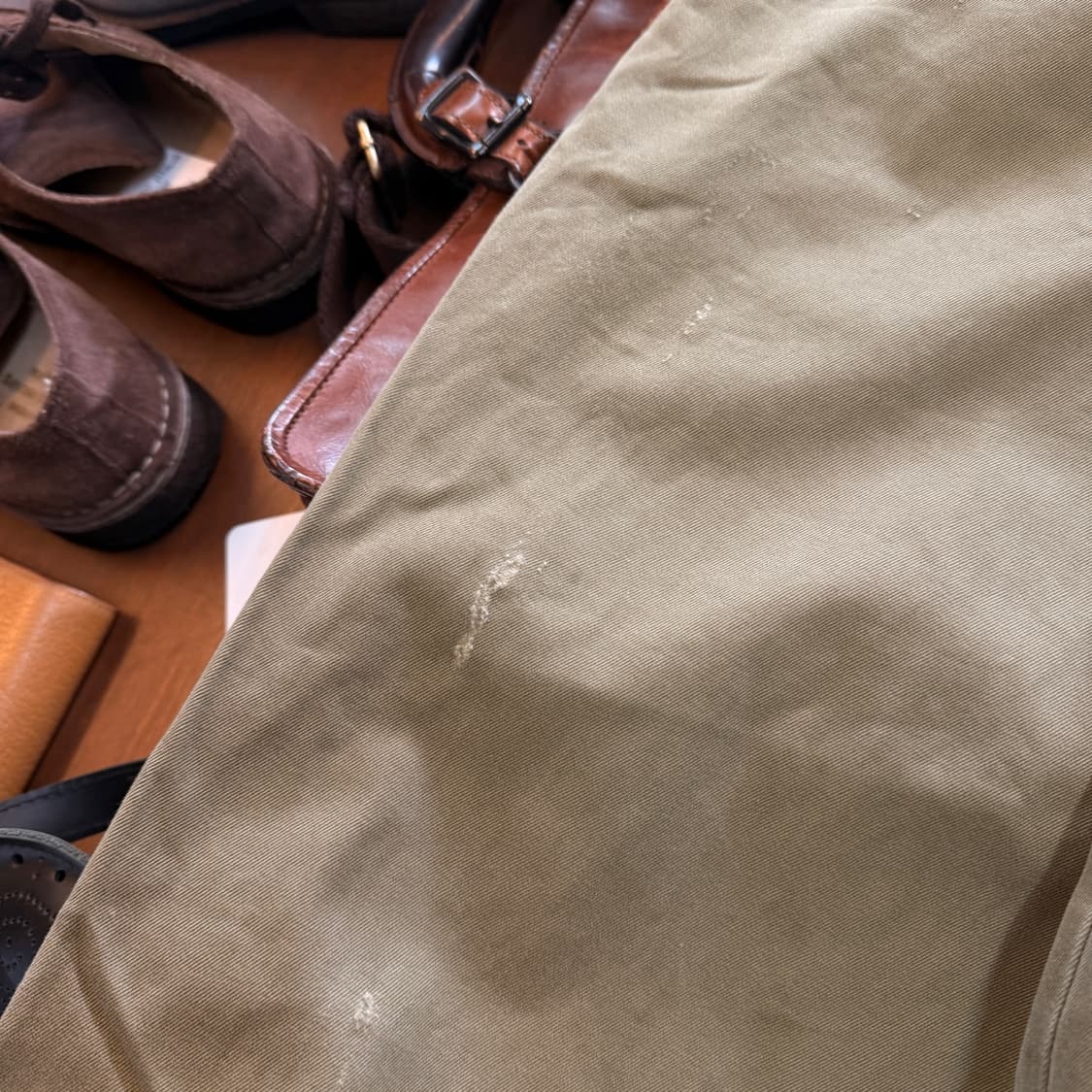 쇼트 NYC 일본생산 올리브 치노 팬츠 데미지 힐바이트 30 31 상품이미지2