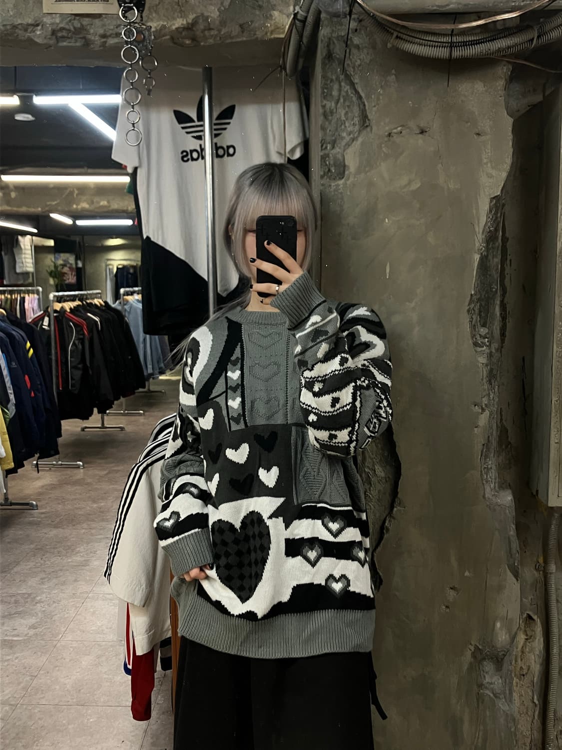 YWFG 빈티지 하트 패치워크 니트 그레이 #csz2622 상품이미지2