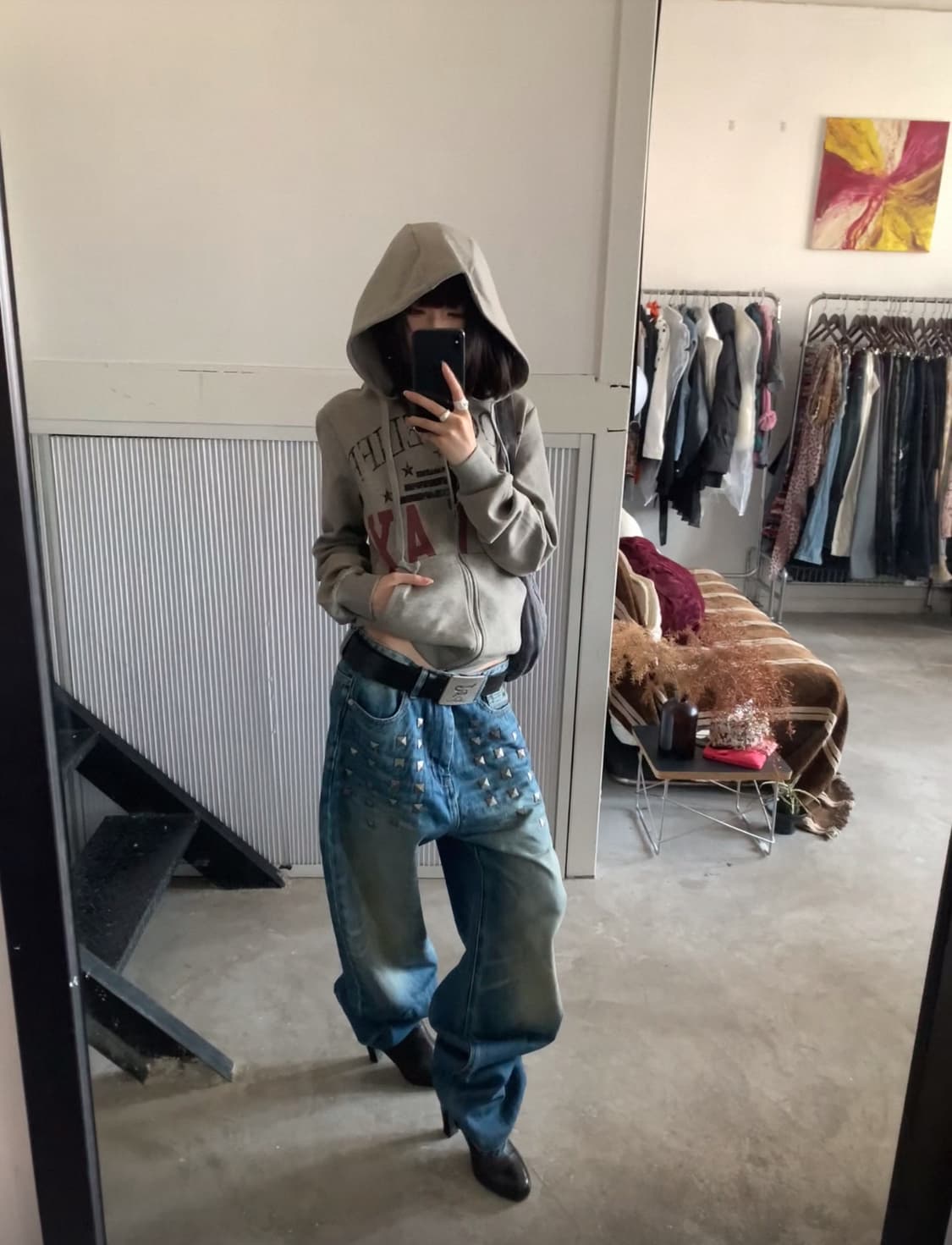 Blue Studded Washed Loose Jeans 상품이미지1