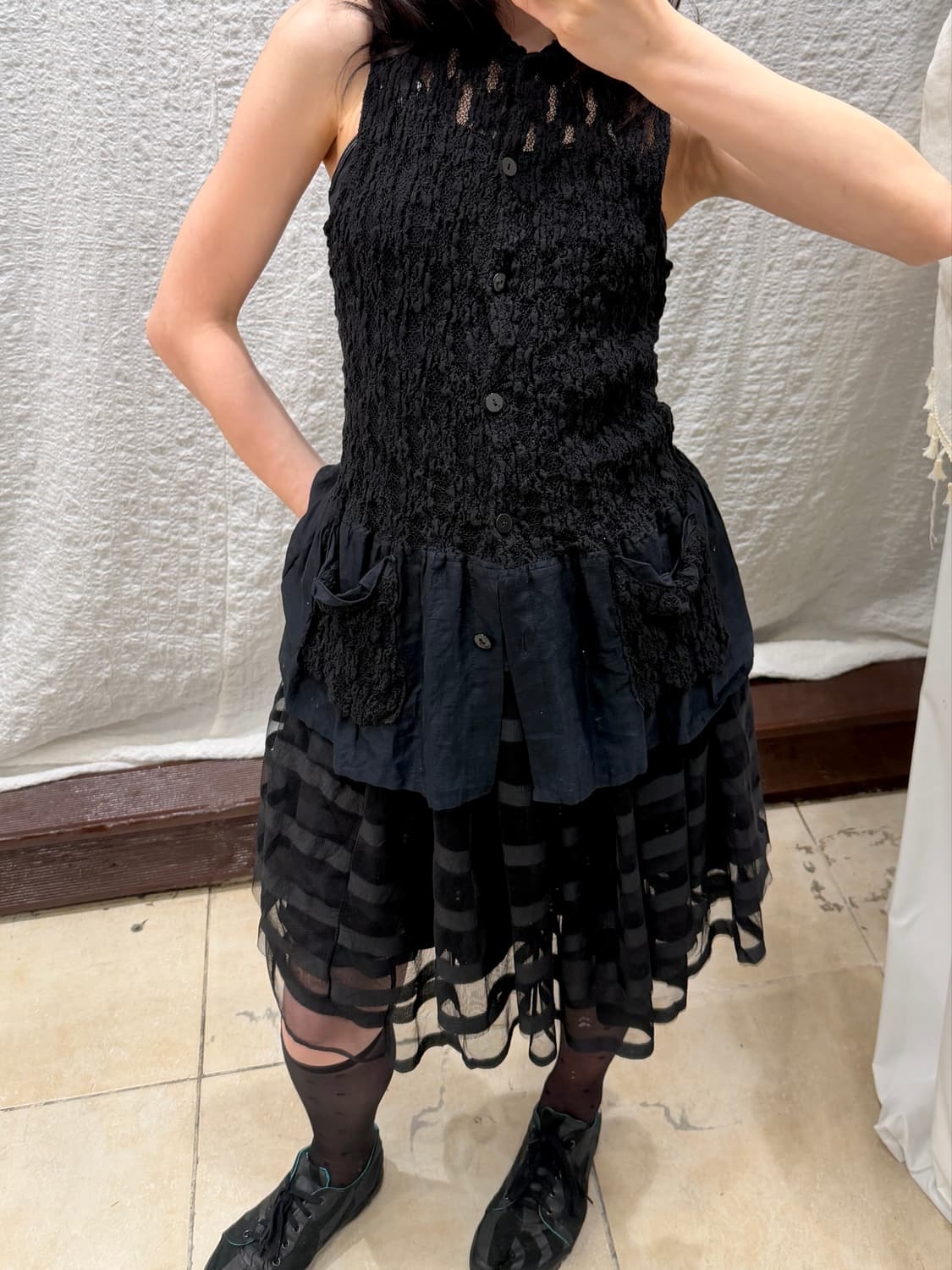 Black sheer stripe midi skirt 상품이미지3