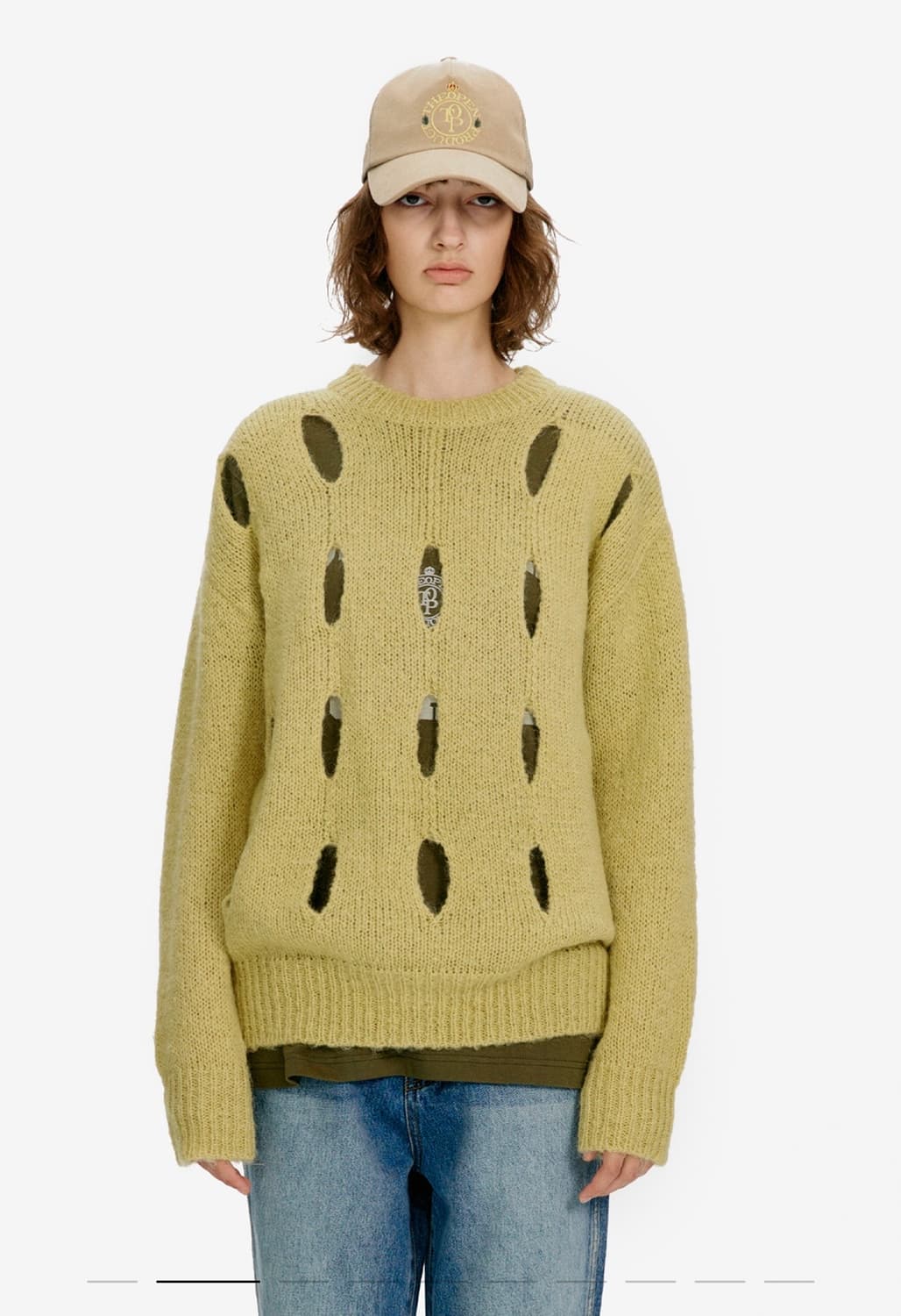 MOHAIR CUT OUT KNIT TOP YELLOWISH GREEN 상품이미지1