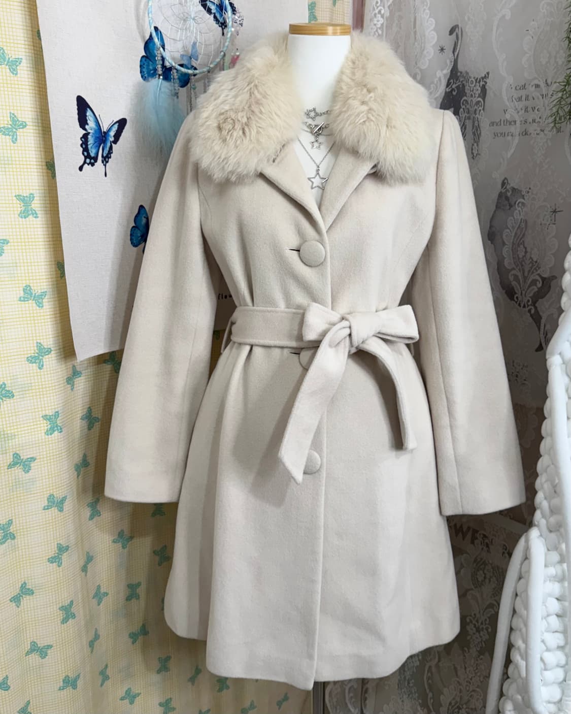 아이보리 앙고라 & 폭스퍼 롱 코트 상품이미지6