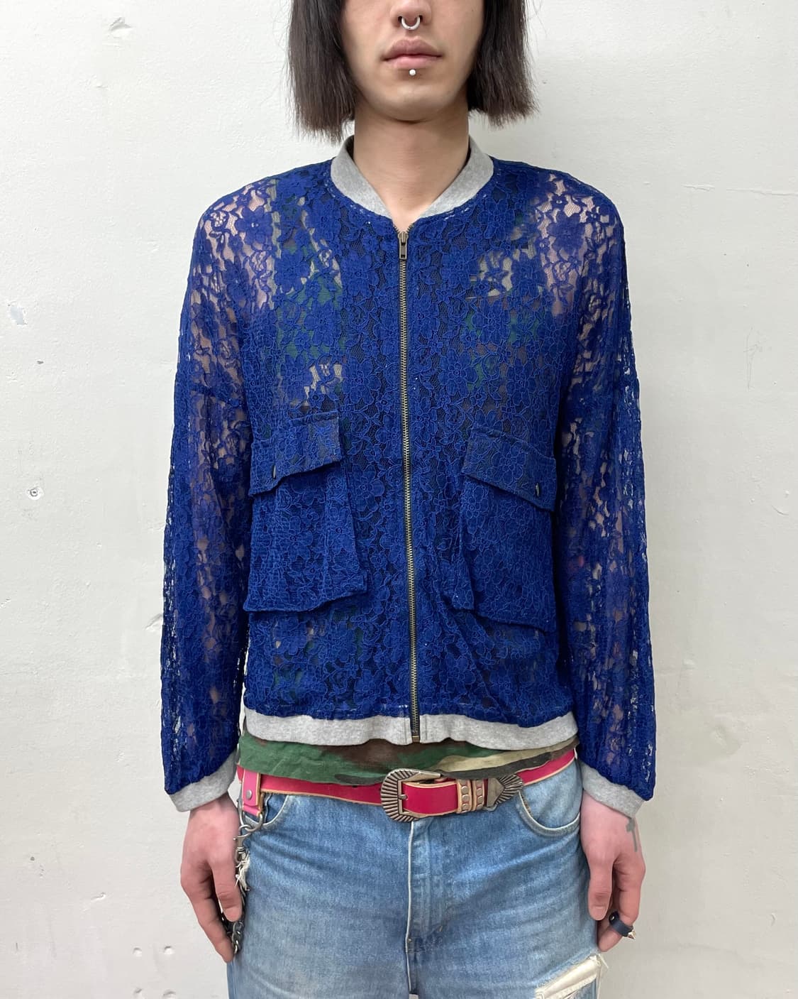 Navy Flower Mesh Big Pocket Zip-Up 상품이미지1