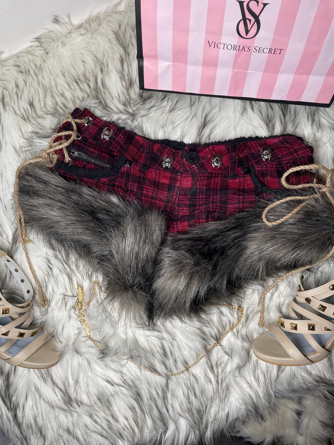 빈티지 Colza 레드 체크 커스텀 퍼팬츠 펑크 상품이미지1