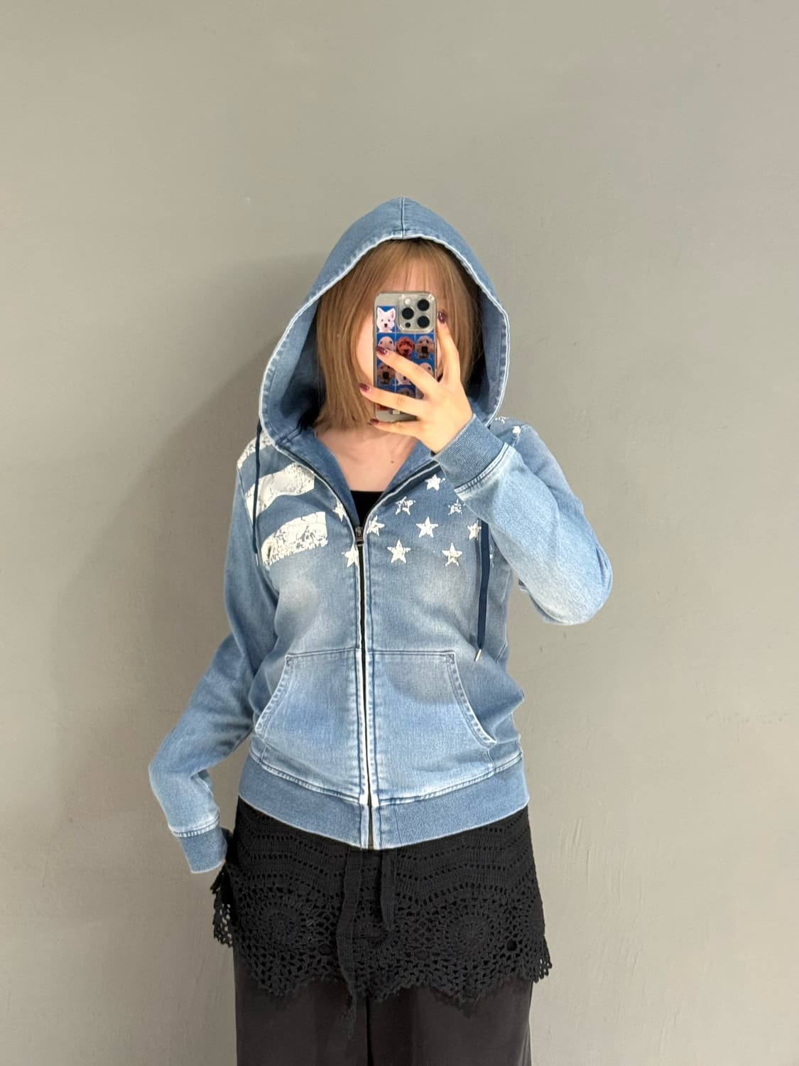 denim washing star pattern hood zip-up 상품이미지1