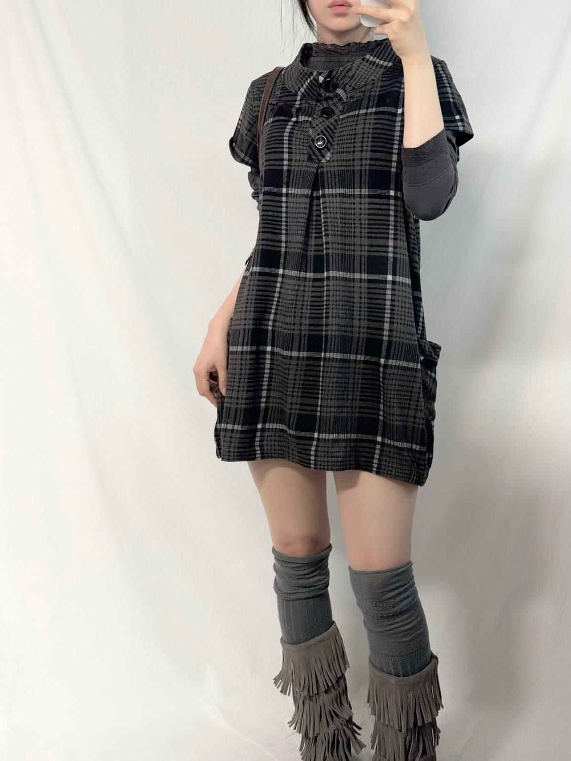 버튼 넥 체크 패턴 튜닉 원피스 상품이미지4