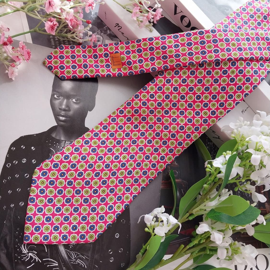 던힐 실크 핑크 플라워 패턴 넥타이 9.3cm A+등급 K2476 상품이미지4