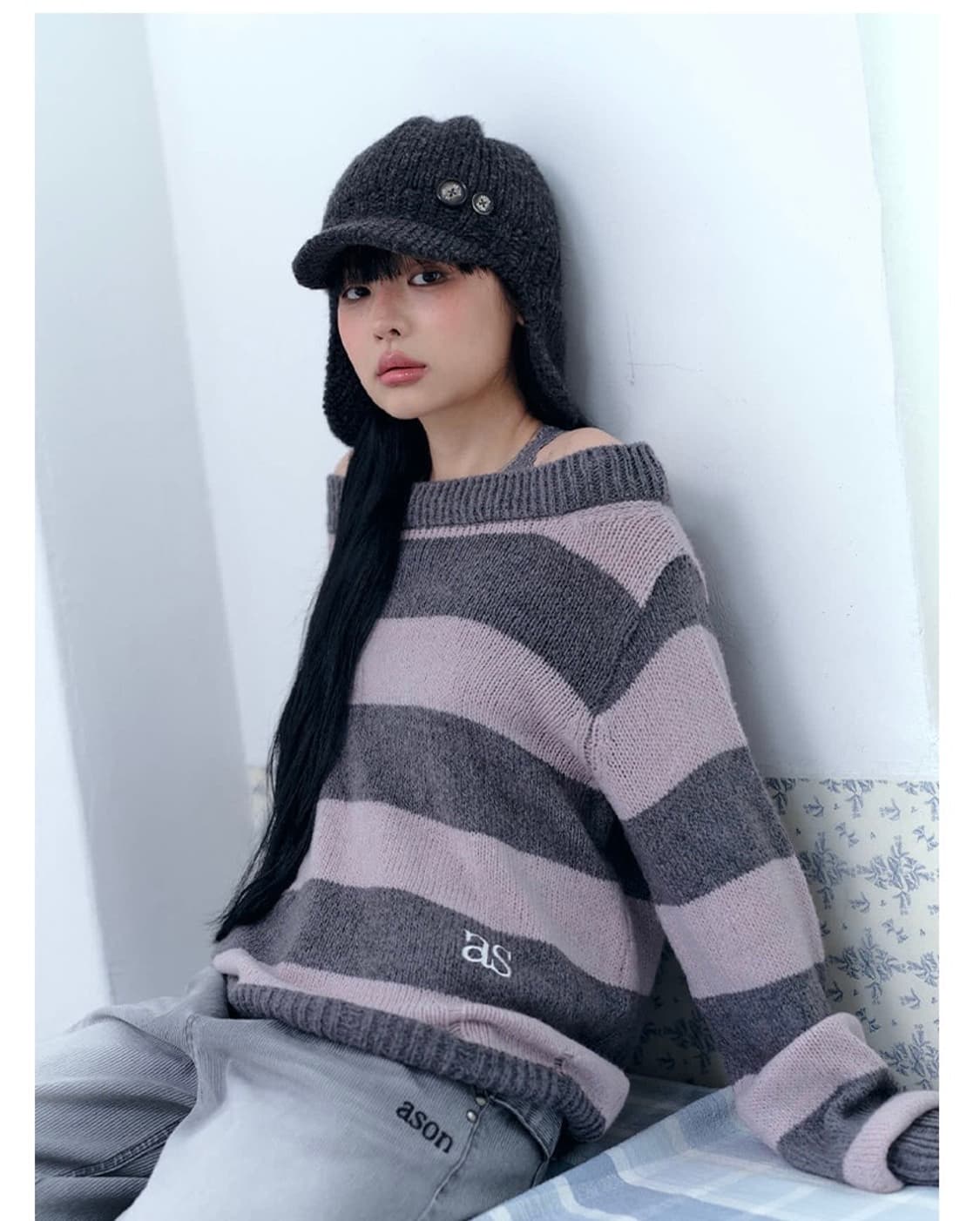 애즈온 소리 오프 스트라이프 니트 핑크 상품이미지1