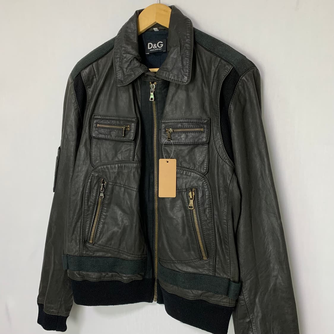 D&G 돌체앤가바나 빈티지 니트 배색 레더 자켓 카키 가죽자켓 상품이미지2