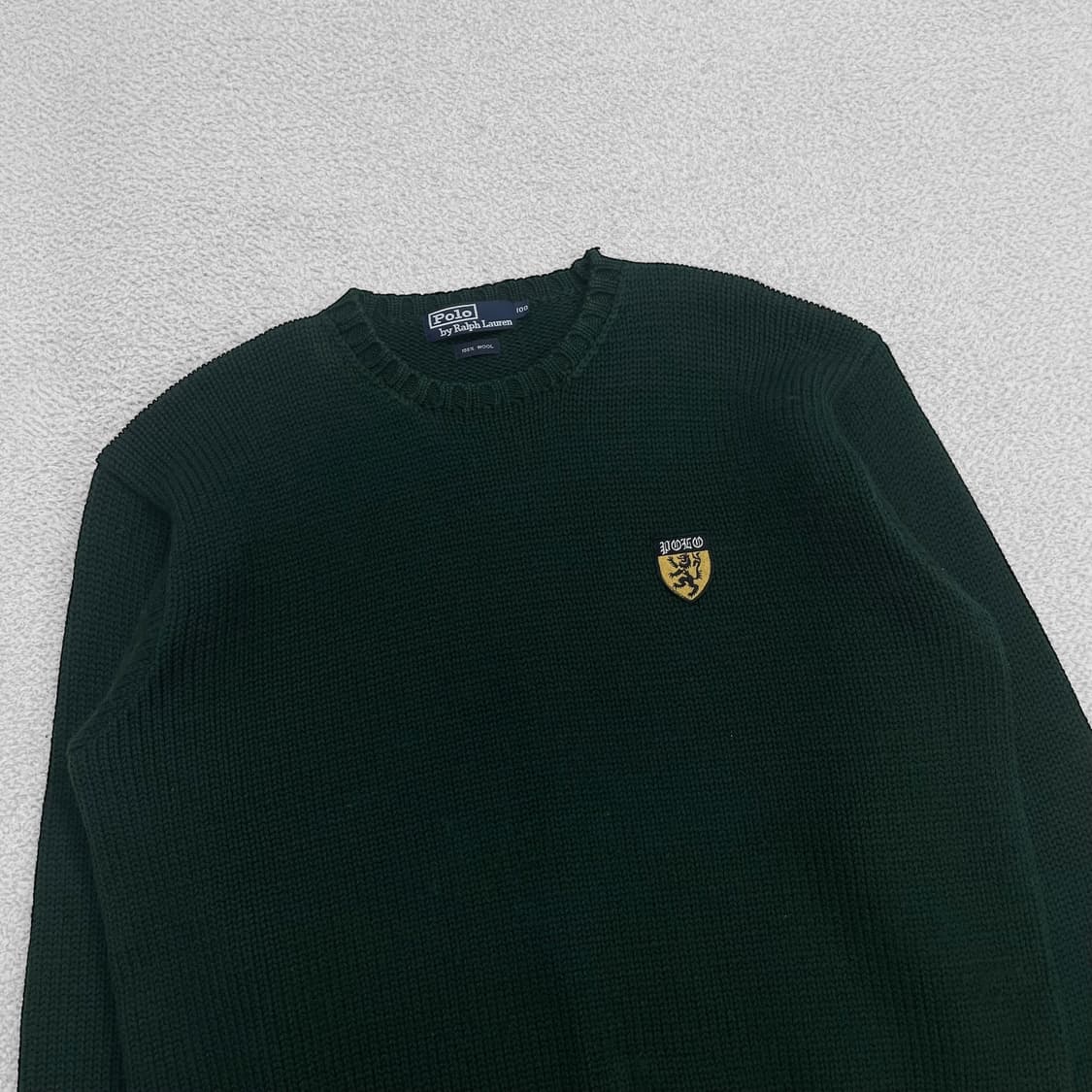 폴로 랄프로렌 90s 라이언 쉴드 패치 울 라운드 니트 다크그린 상품이미지2