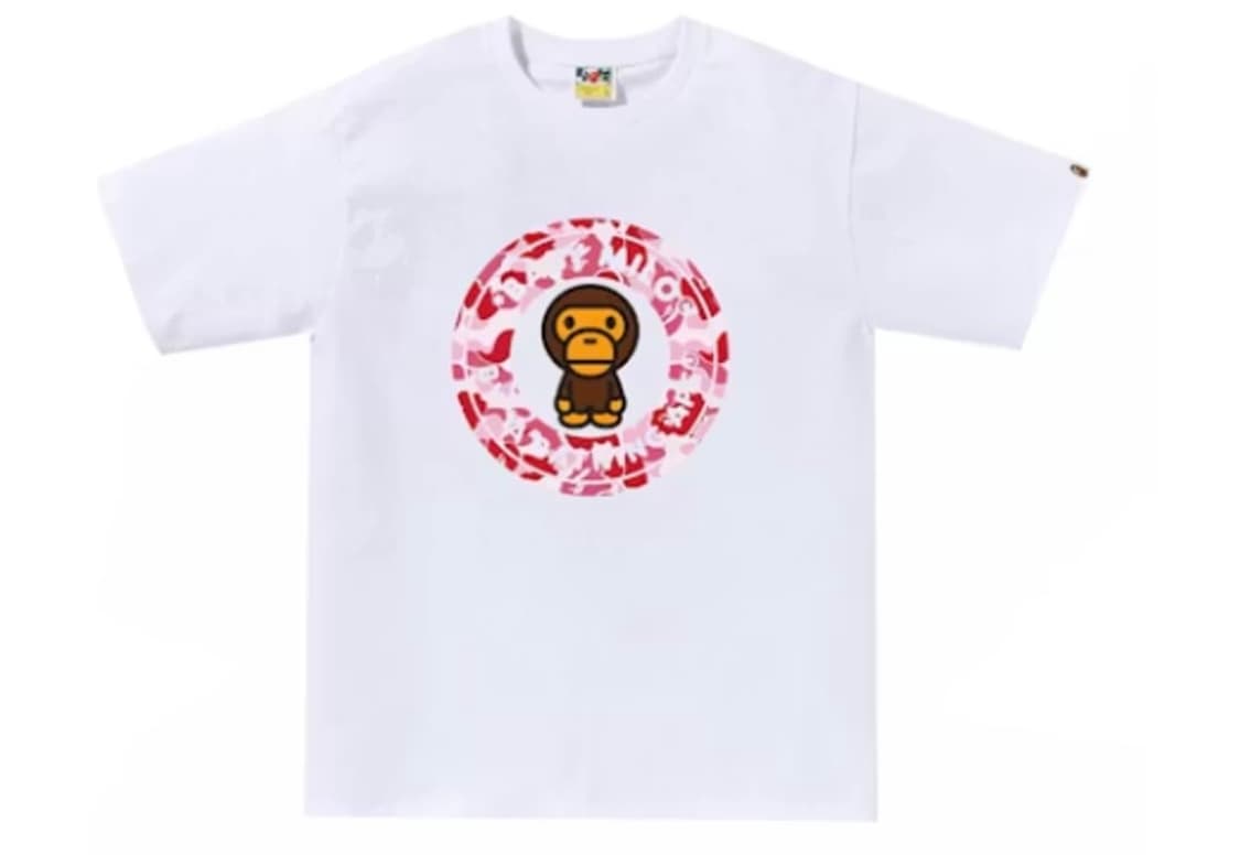 베이프 25SS 베이비마일로 비지워크 써클로고 ABC 핑크 반팔티 화이트 상품이미지1