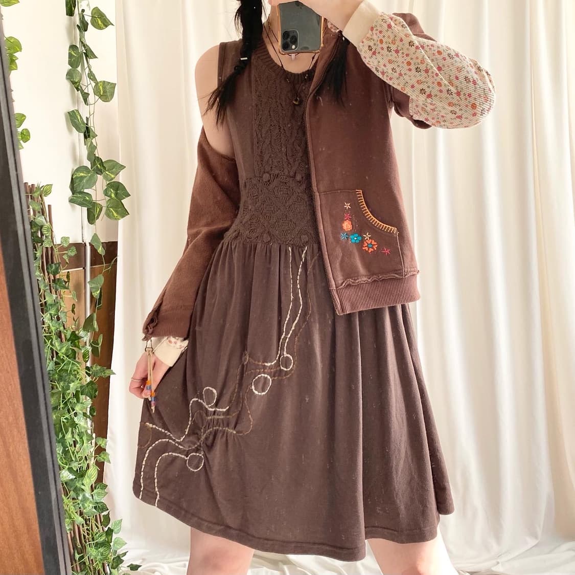 브라운 니트 자수 원피스 히피 모리 빈티지  상품이미지2