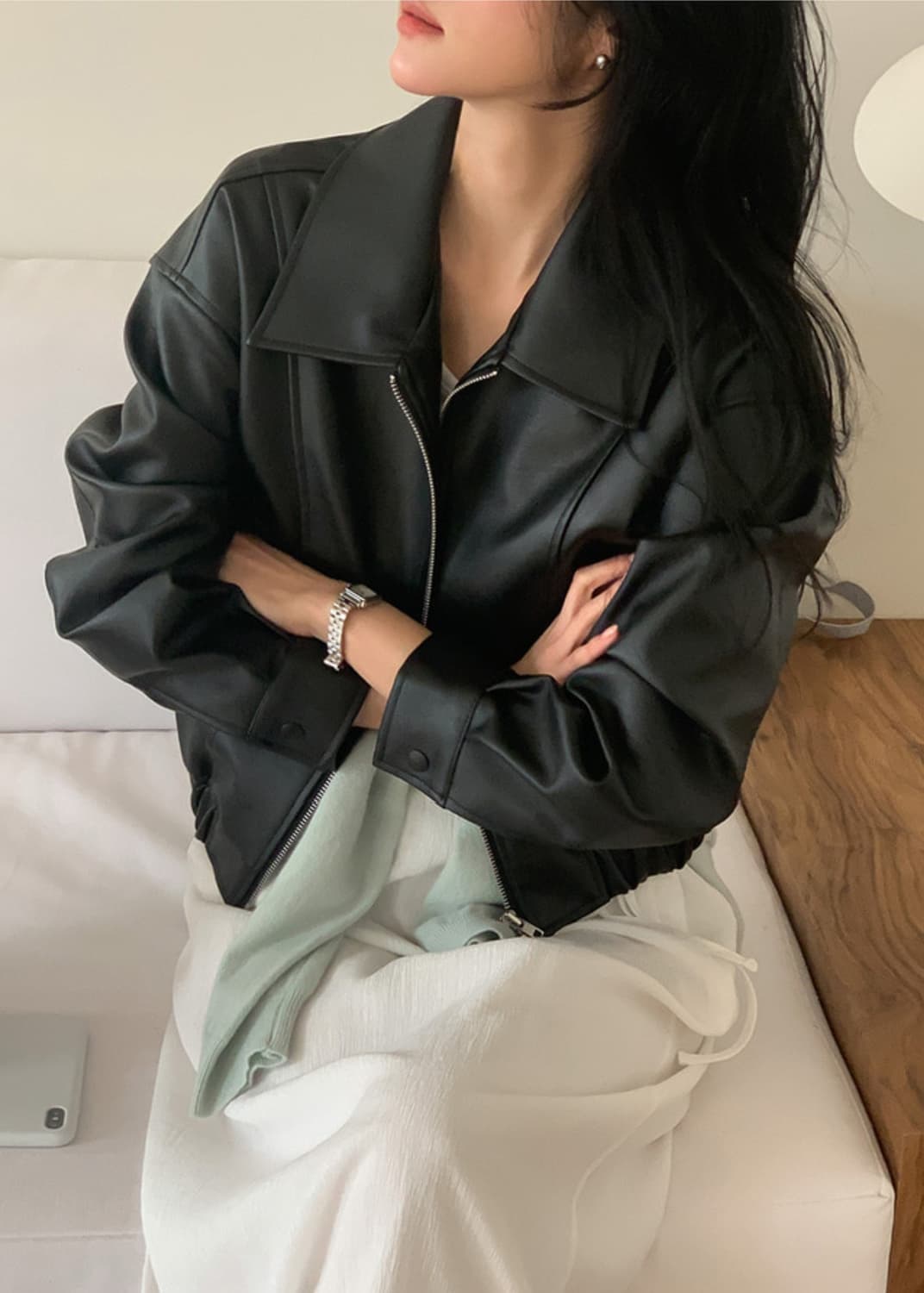 바로 배송 가능) 베니토 레더 블루종 가죽 자켓 상품이미지1