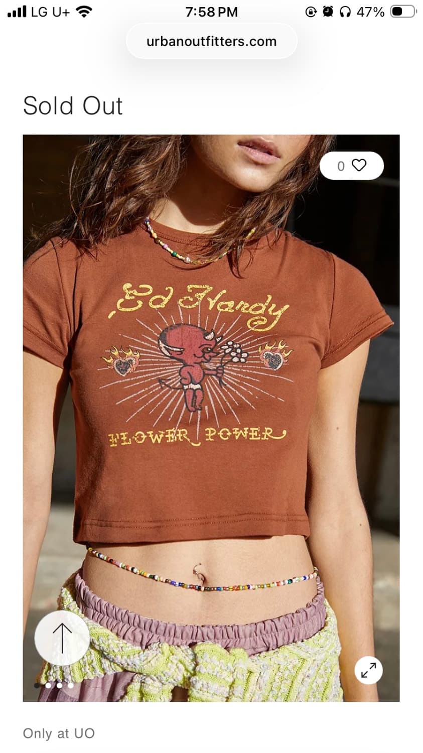 에드 하디 x UO 한정판 타투 베이비 크롭티 브라운 반팔 티셔츠  상품이미지1