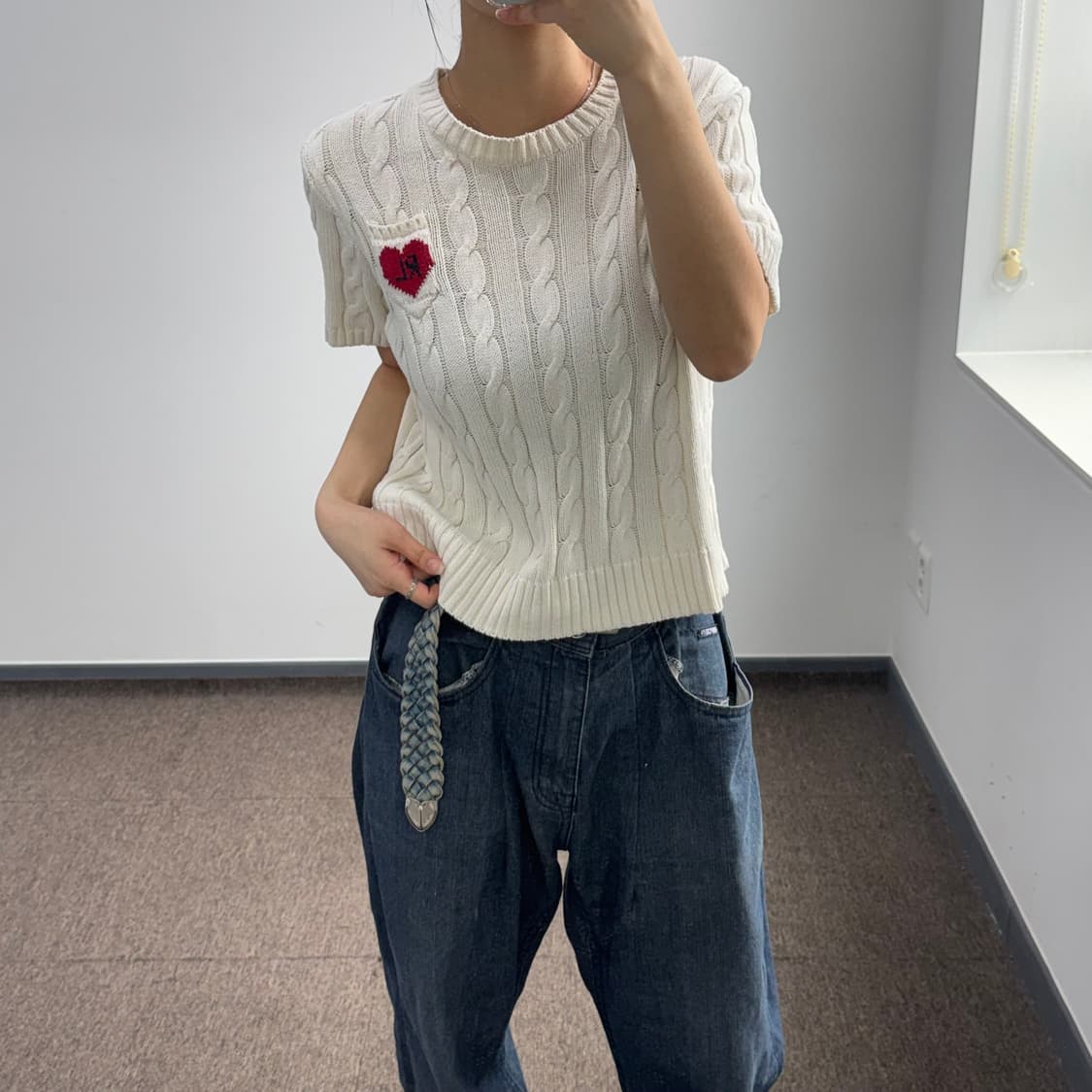 Polo 폴로 레드 하트 로고 아이보리 케이블 반팔 니트 상품이미지1