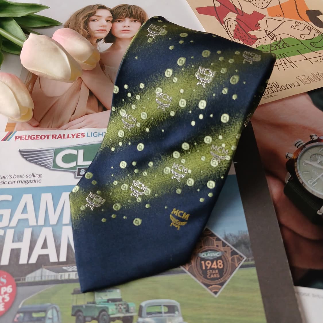 엠씨엠 실크 그린 로고 패턴 넥타이 9.1cm A+등급 A19636엠씨엠 상품이미지3