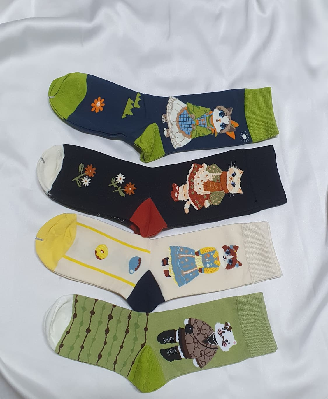 그린 블루 라이트베이지 고양이 꽃 하트 티타임 양말 상품이미지1