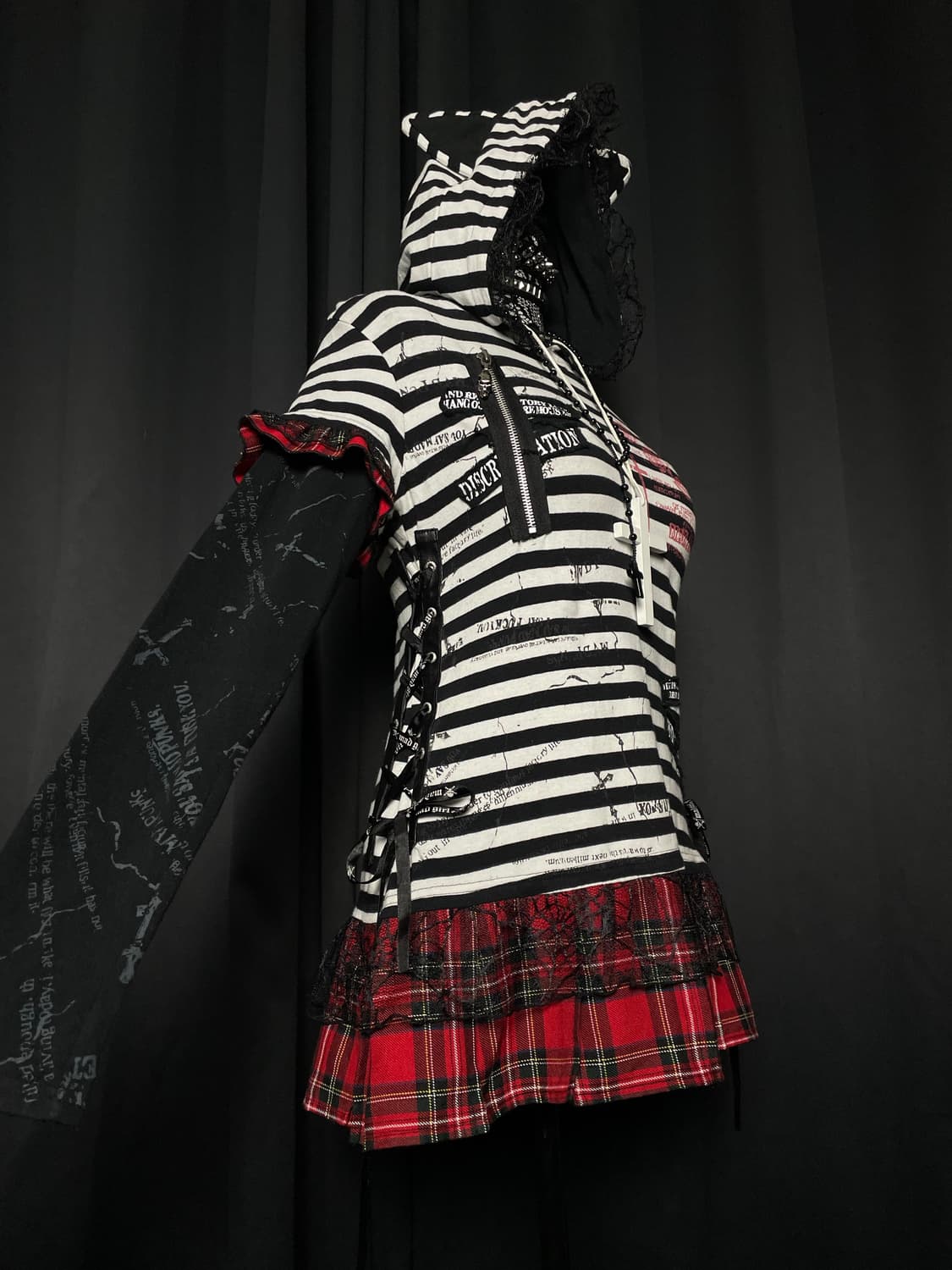 MAD PUNKS 매드 펑크 네코 고양이 귀 스트라이프 줄무늬 체크 후드 상품이미지3