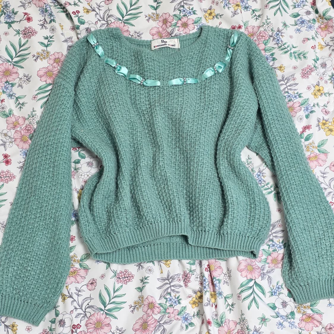 일본빈티지)하구미모리걸st 핀터깔 애플민트그린 리본 레이스 니트스웨터 상품이미지1