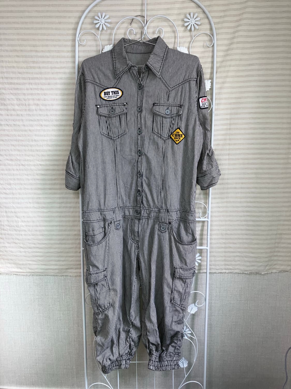 빈티지 블랙 스트라이프 레터링 점프슈트 y2k 스트릿 갸루 펑키487   상품이미지1