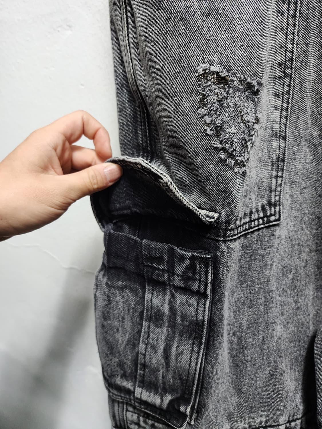 (새상품) Y2K 워시드 YKK지퍼 와이드 카고 흑청바지  상품이미지4