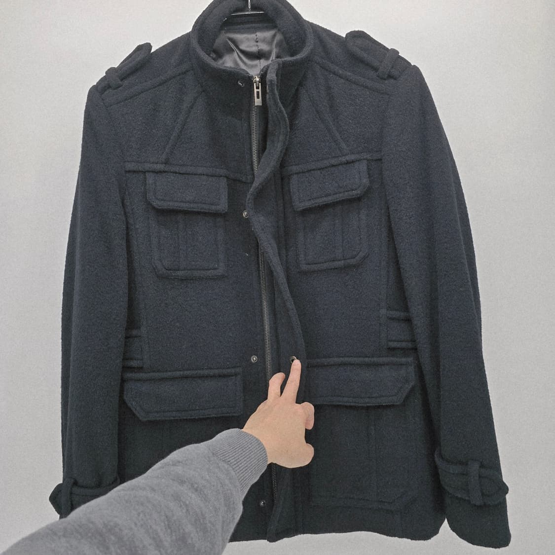 블랙 밀리터리 스타일 모직 코트 상품이미지6