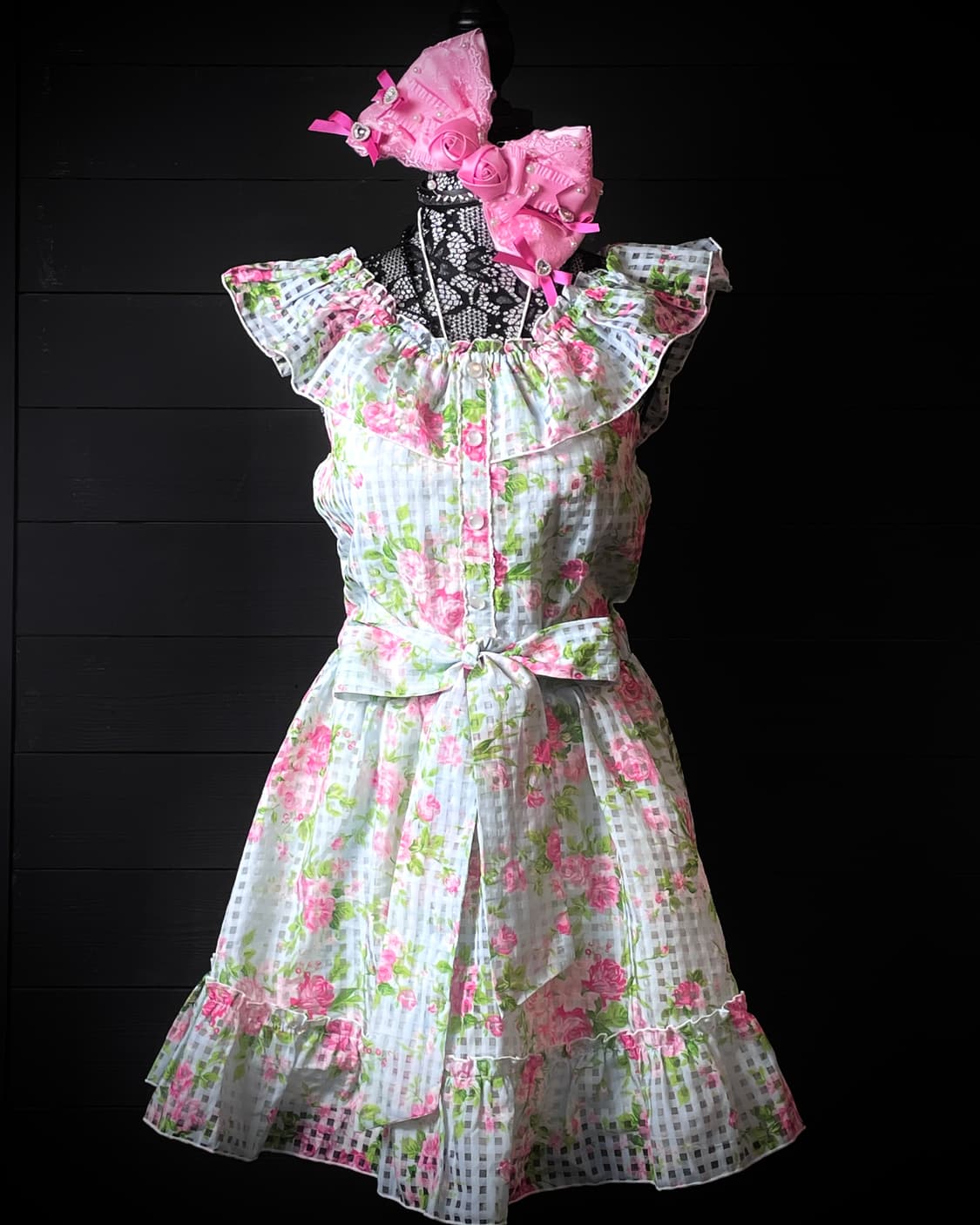 DEARY 디아리 핑크 플라워 체크 패턴 프릴 오프숄더 원피스 상품이미지1