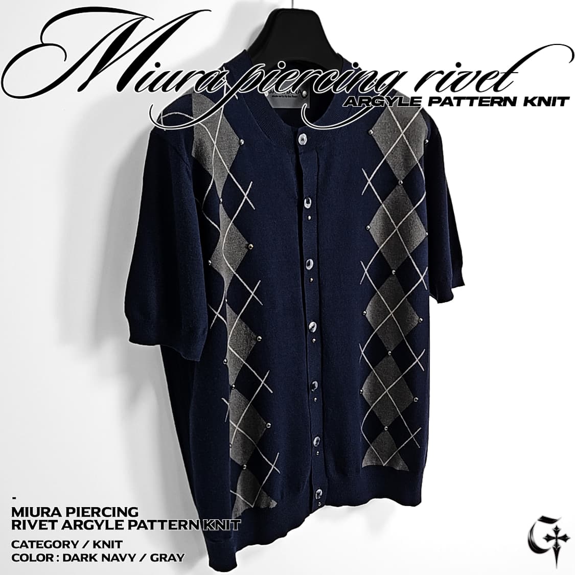 Miura 피어싱 리벳 아가일 패턴 니트 (dark navy) 상품이미지2