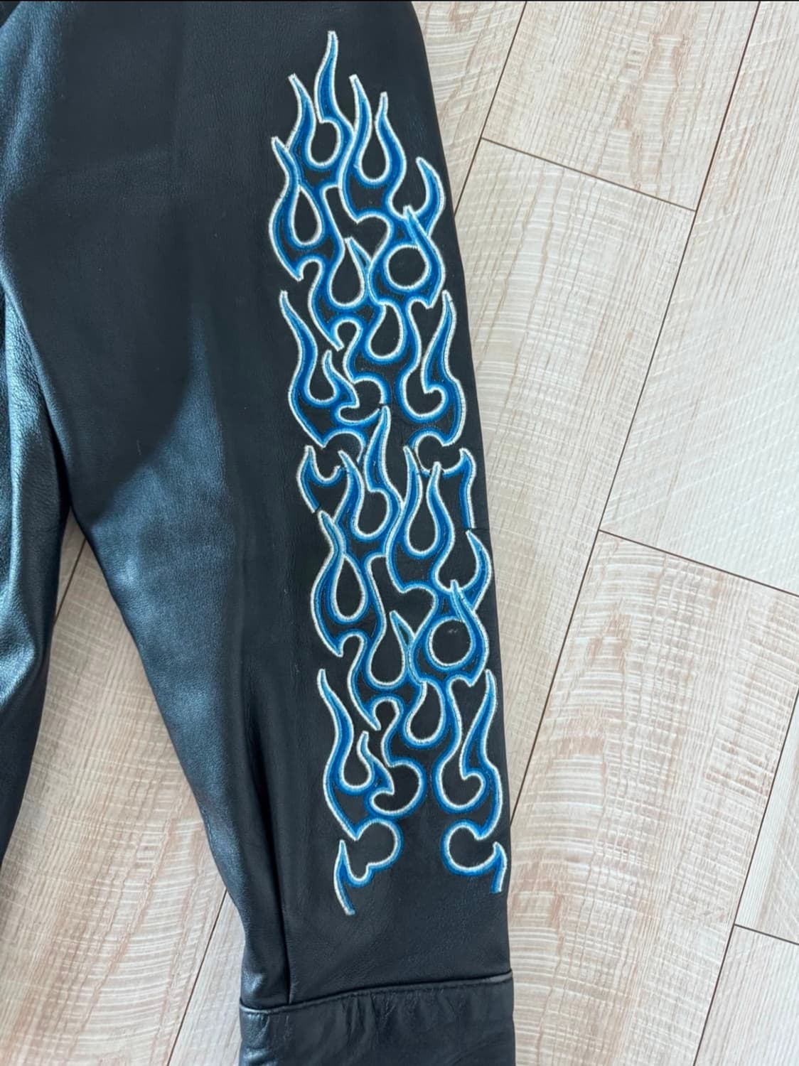 블루 플레임 자수 가죽 빈티지 셔츠 자켓 XL 상품이미지3