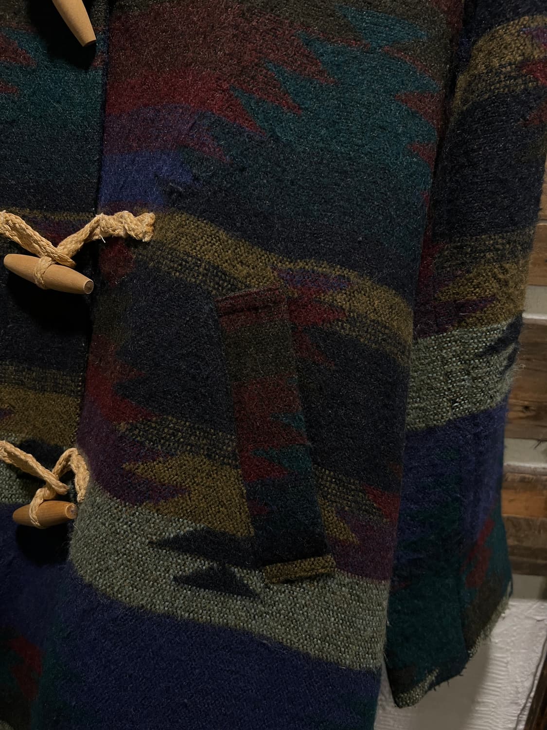 [M]90's JPN 빈티지 네이티브 패턴 울 후드 더플 코트 상품이미지4