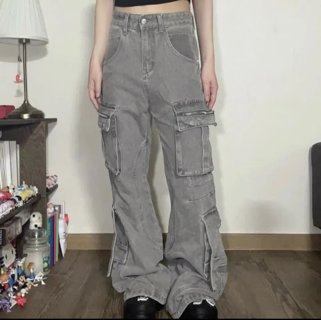 블루하츠 멀티 카고 지퍼 포켓 부츠컷 그레이 데님 팬츠 s 상품이미지1