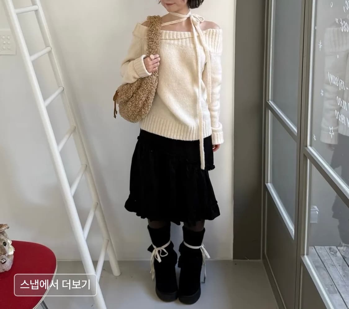 파르티멘토우먼 타이넥 스트랩 언발란스드 니트탑 차콜 리본그레이스카프원숄더 상품이미지8