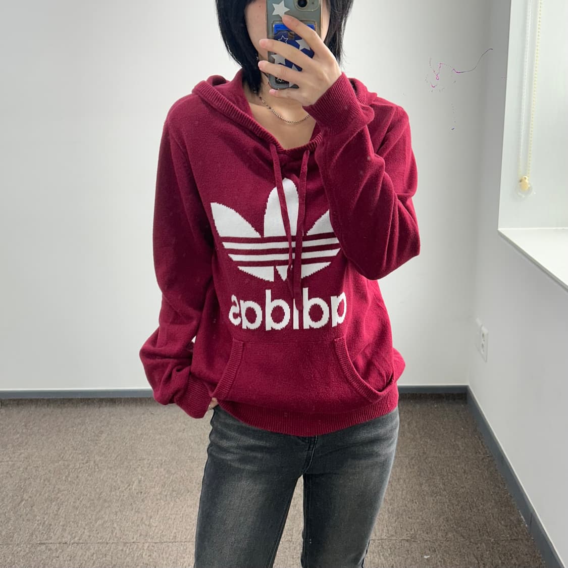 Adidas 아디다스 빅 파이어로고 버건디 니트 후드티 상품이미지1