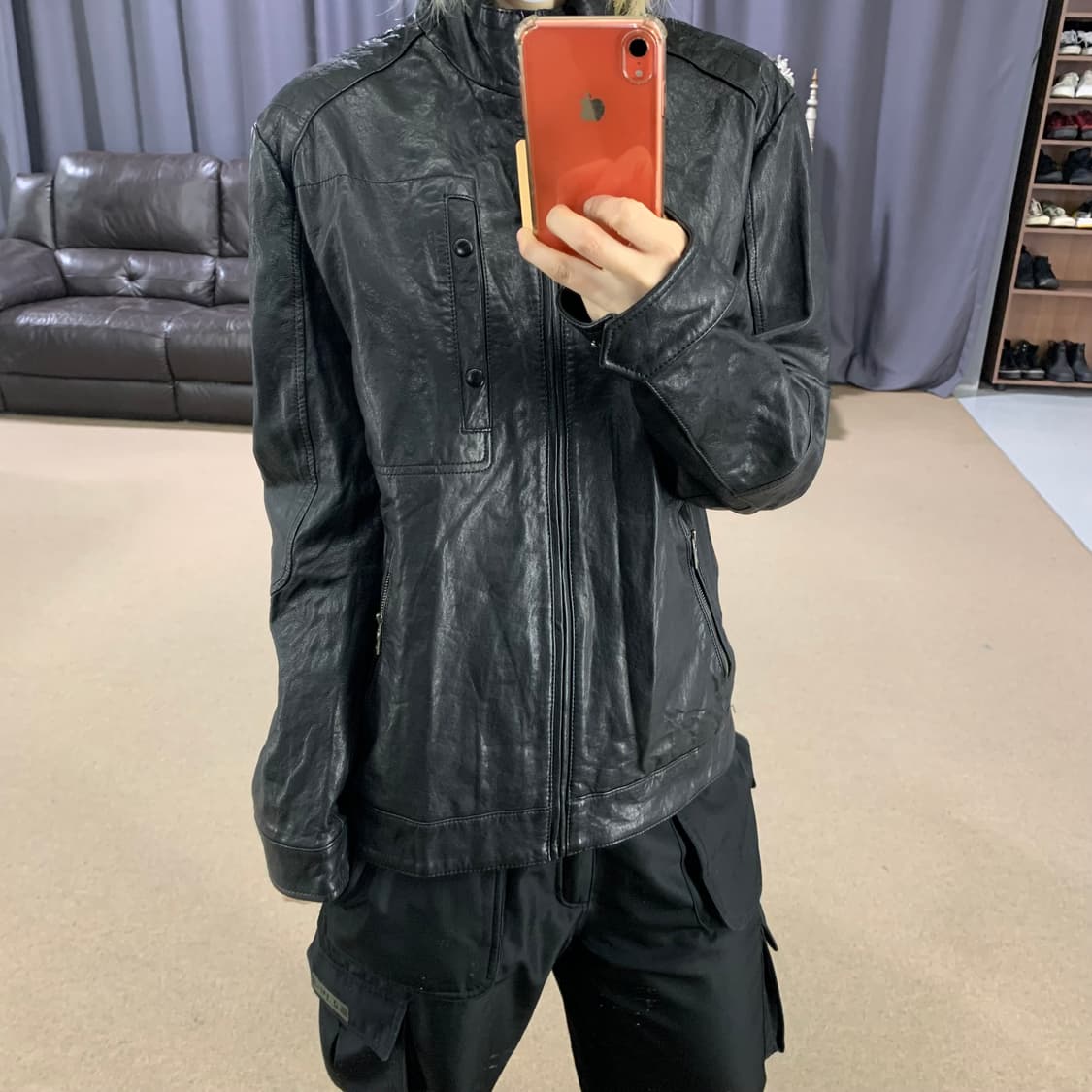 빈티지 퀼팅 포인트 노카라 지퍼 라이더 양가죽 리얼레더 자켓 블랙 상품이미지2