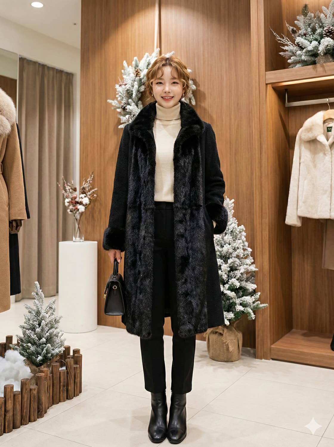 유로 모피 블랙 알카파/모 혼방 밍크 트리밍 코트 상품이미지1