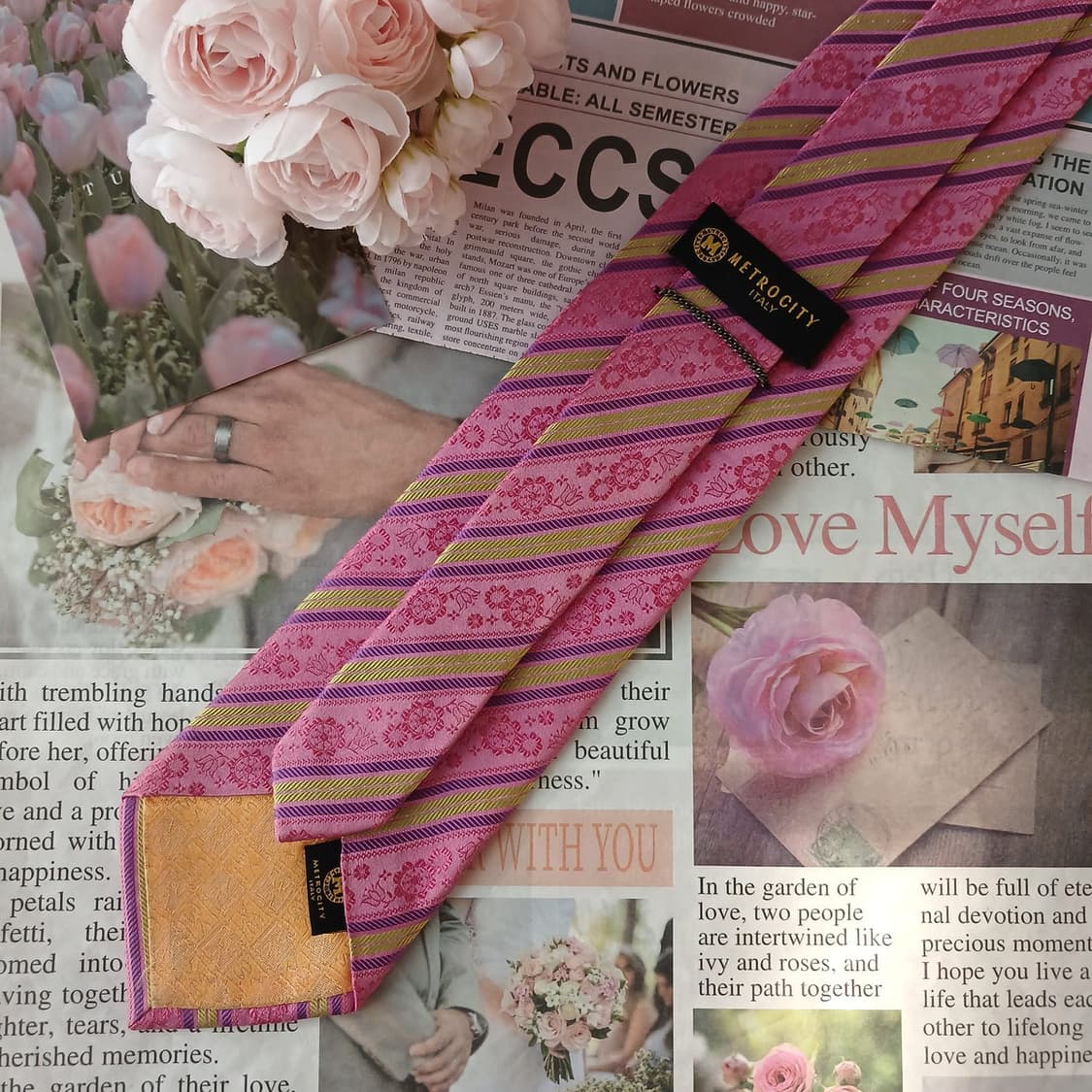 메트로시티 실크 핑크 스트라이프 플로럴 넥타이 9cm A등급 A19094 상품이미지4