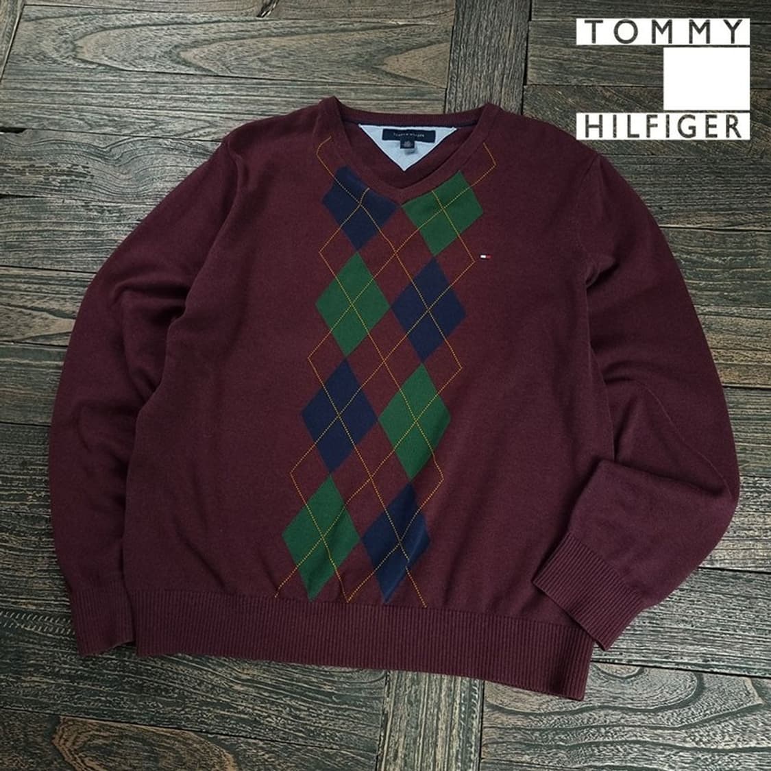 [타미힐피거] 아가일 체크 브이넥 니트 브라운 M19253 상품이미지1