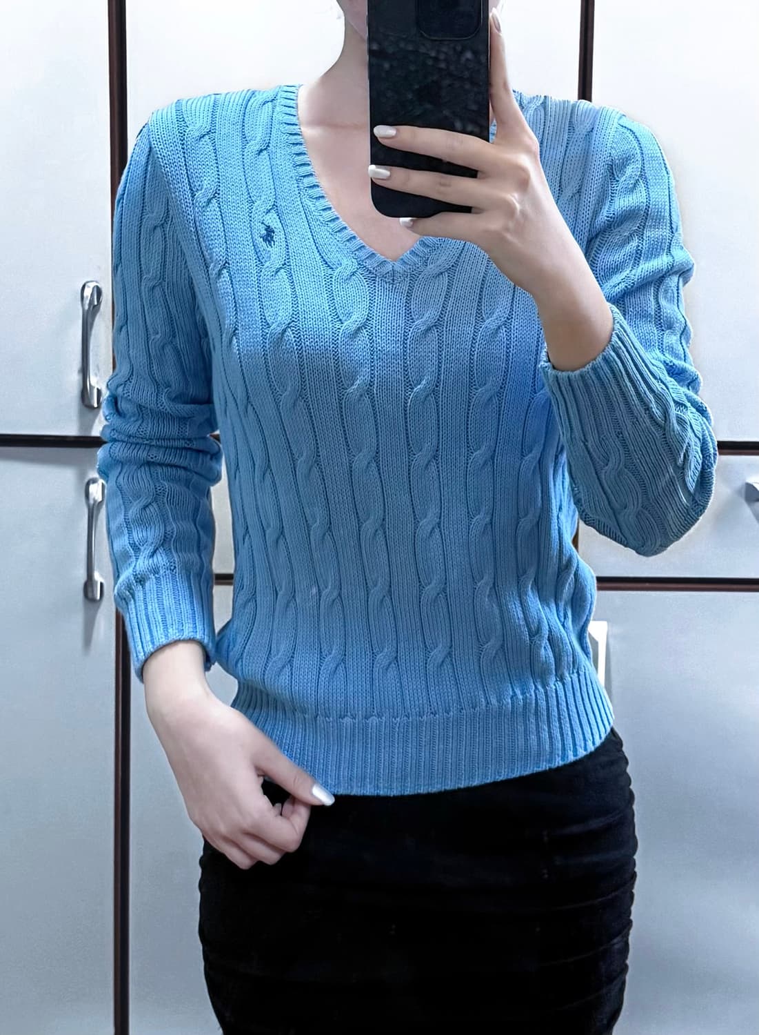 폴로 랄프로렌 브이넥 케이블 니트 QR정품 라이트 블루 상품이미지1