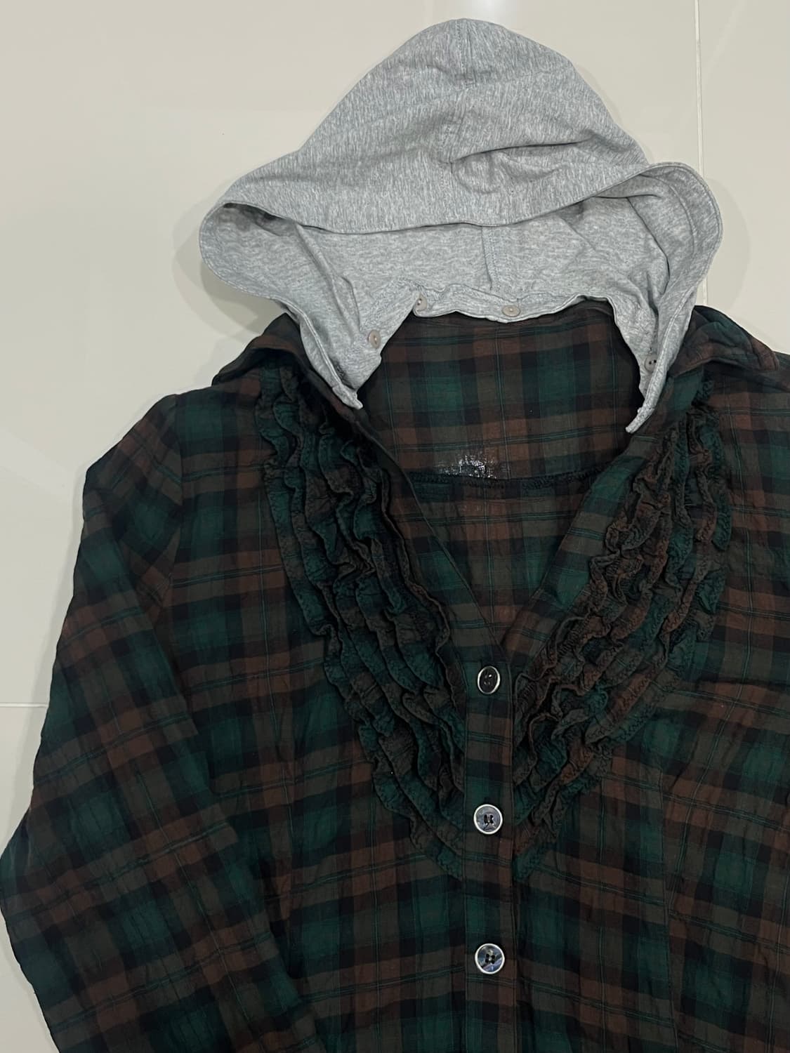 빈티지 후드 체크 셔츠 브라운/그린 프릴 블라우스 셔츠 상품이미지2