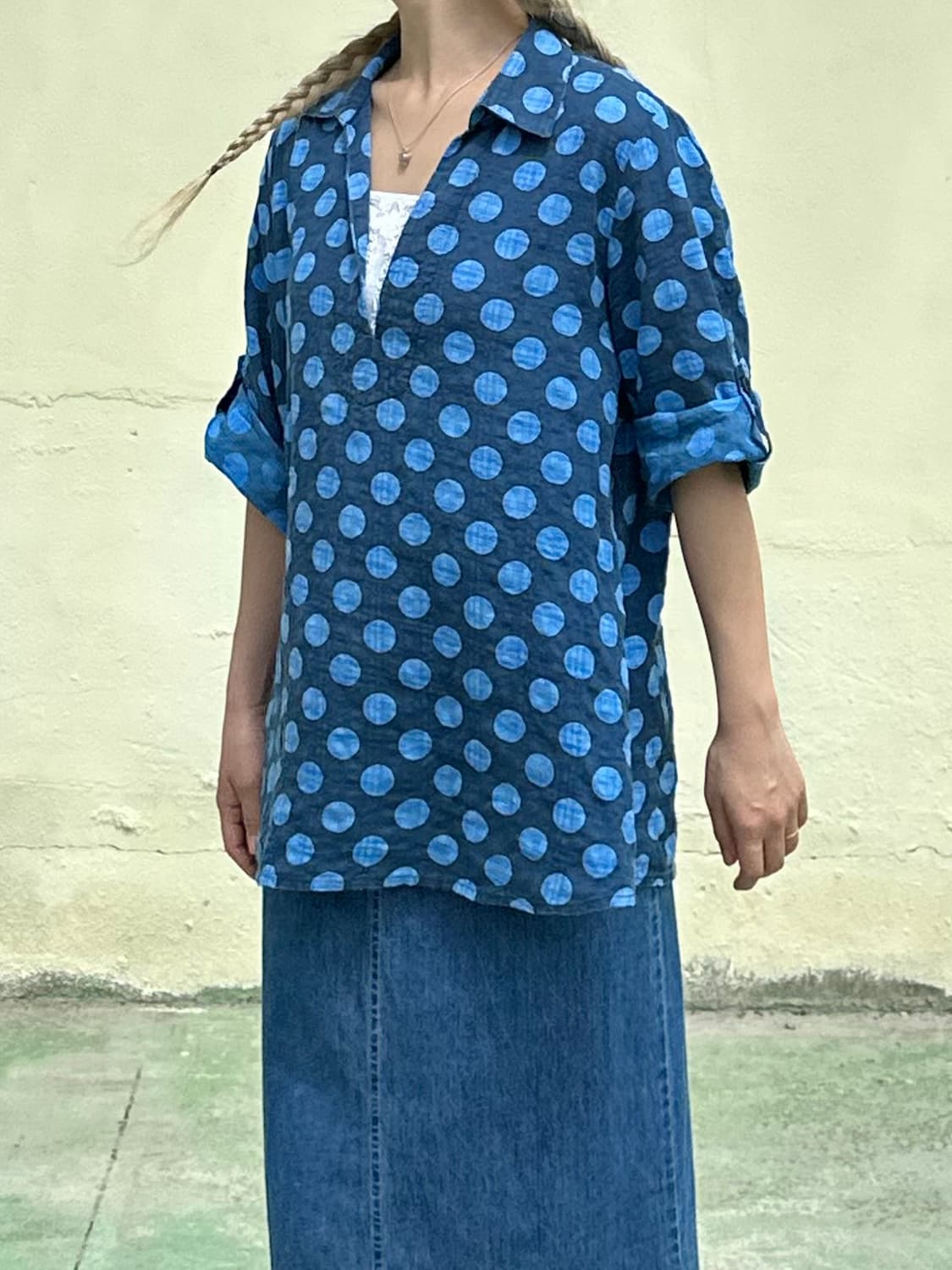 블루 도트 패턴 오픈 카라 셔츠 상품이미지4