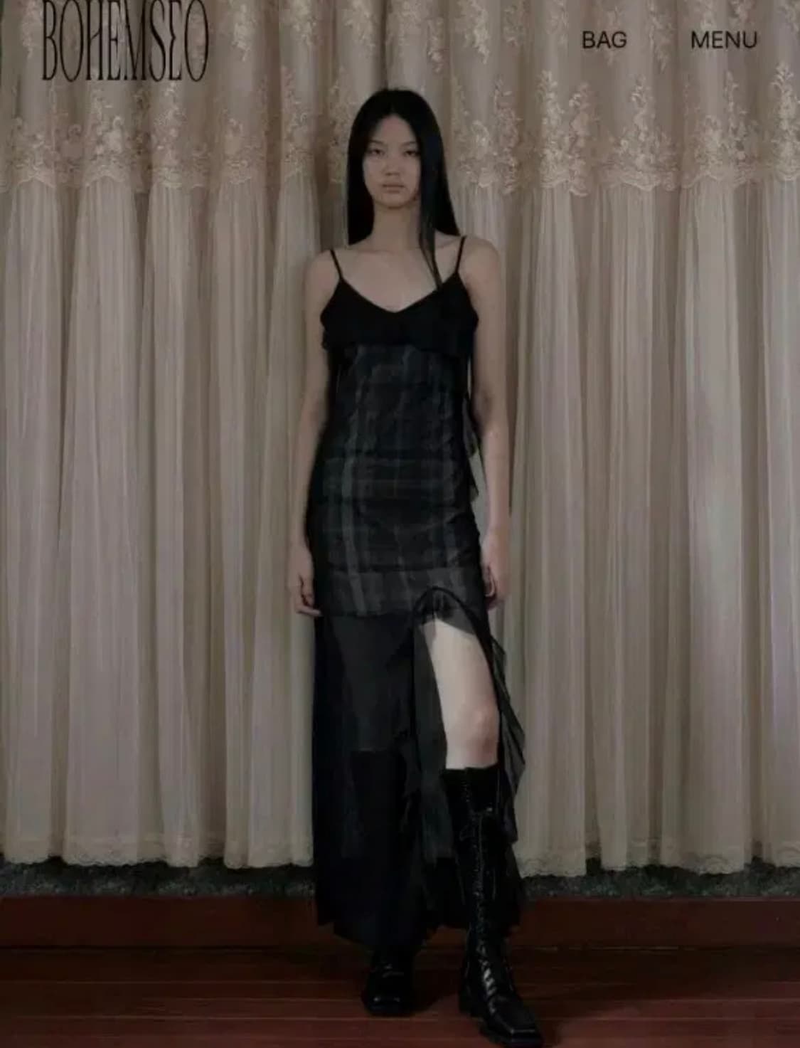 보헤미안서울 씨스루 체크 러플 맥시 드레스 상품이미지1