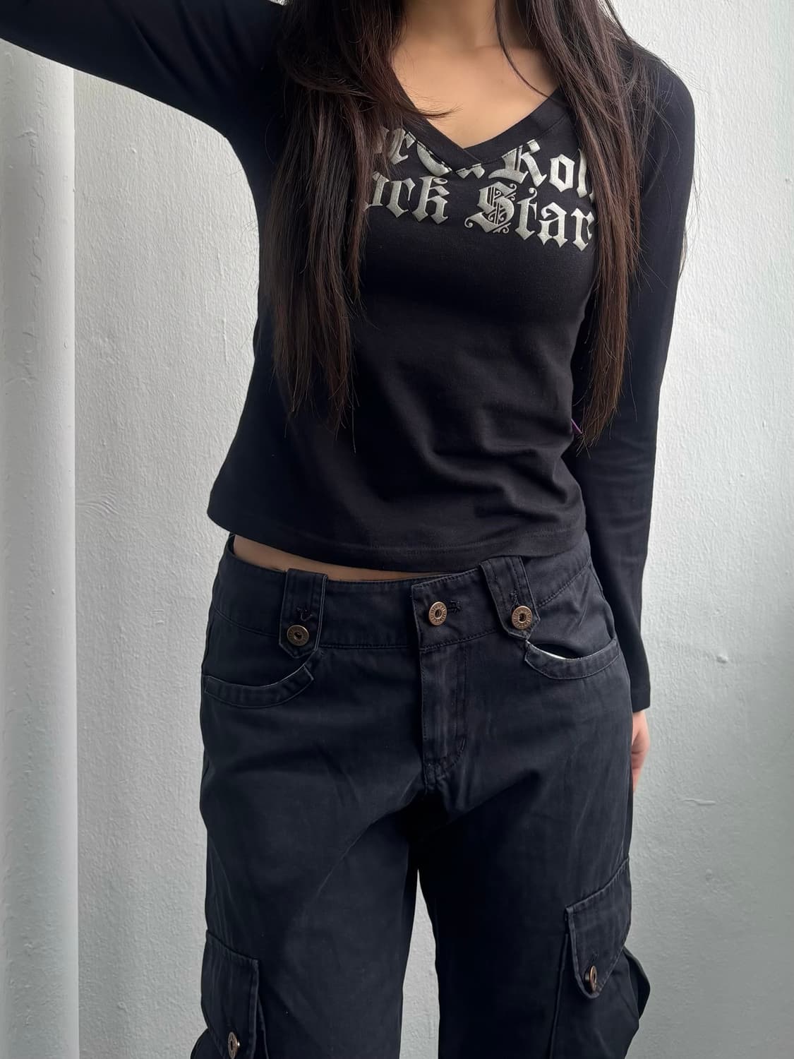 Vintage Black V-neck Long Sleeve 상품이미지2