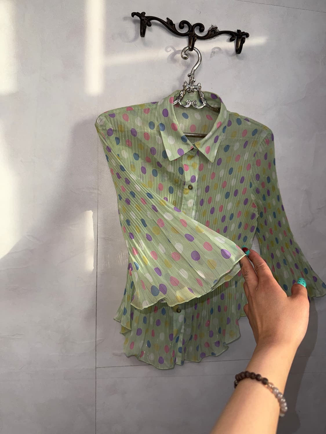 Green candy dot pleats blouse  상품이미지3