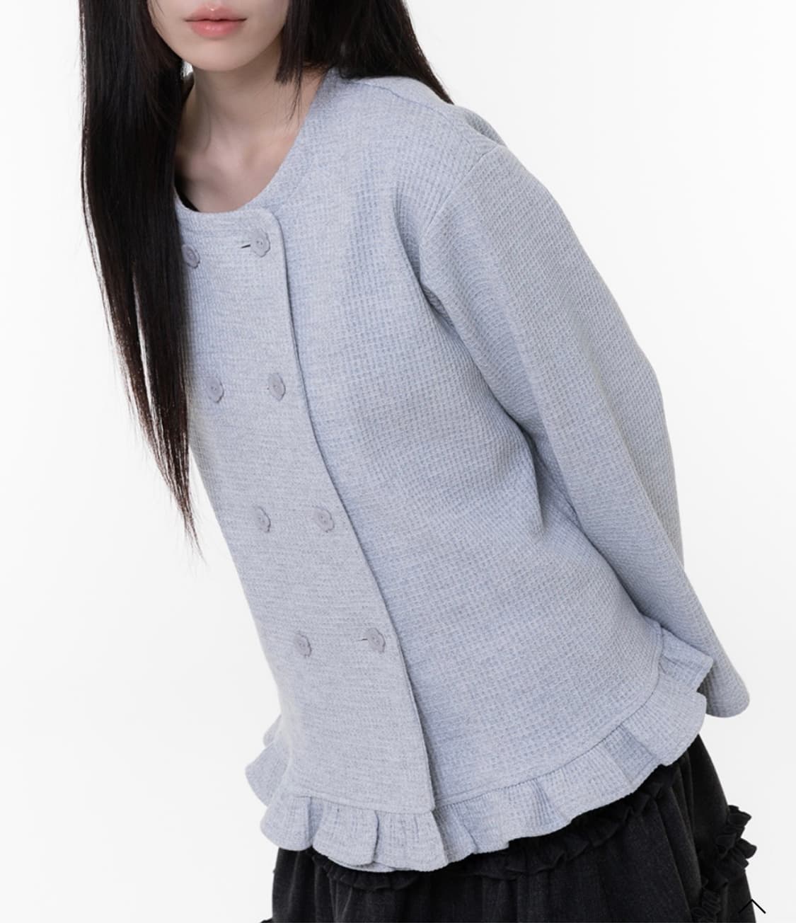나이엔 naaieen 더블버튼 프릴 가디건 그레이 상품이미지2