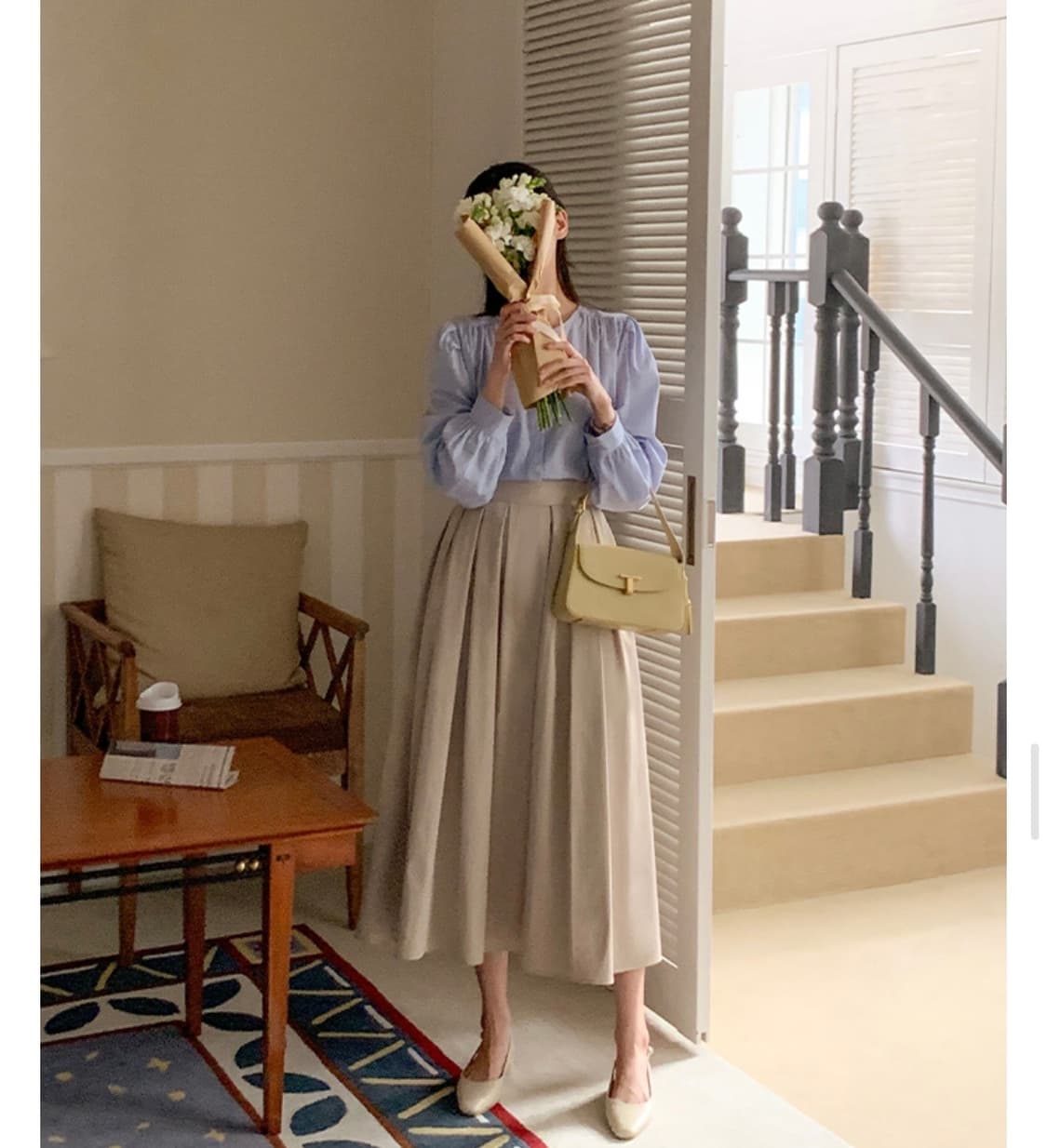 미사용)아뜨랑스)벨라 플레어 주름 롱스커트 (연베이지) 상품이미지1