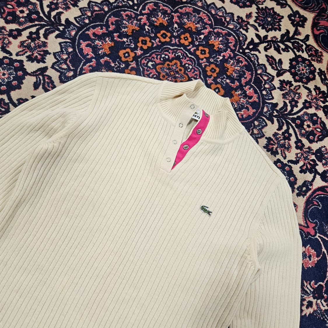 라코스테(Lacoste) 핑크 라인 버튼 넥 니트 95 상품이미지2