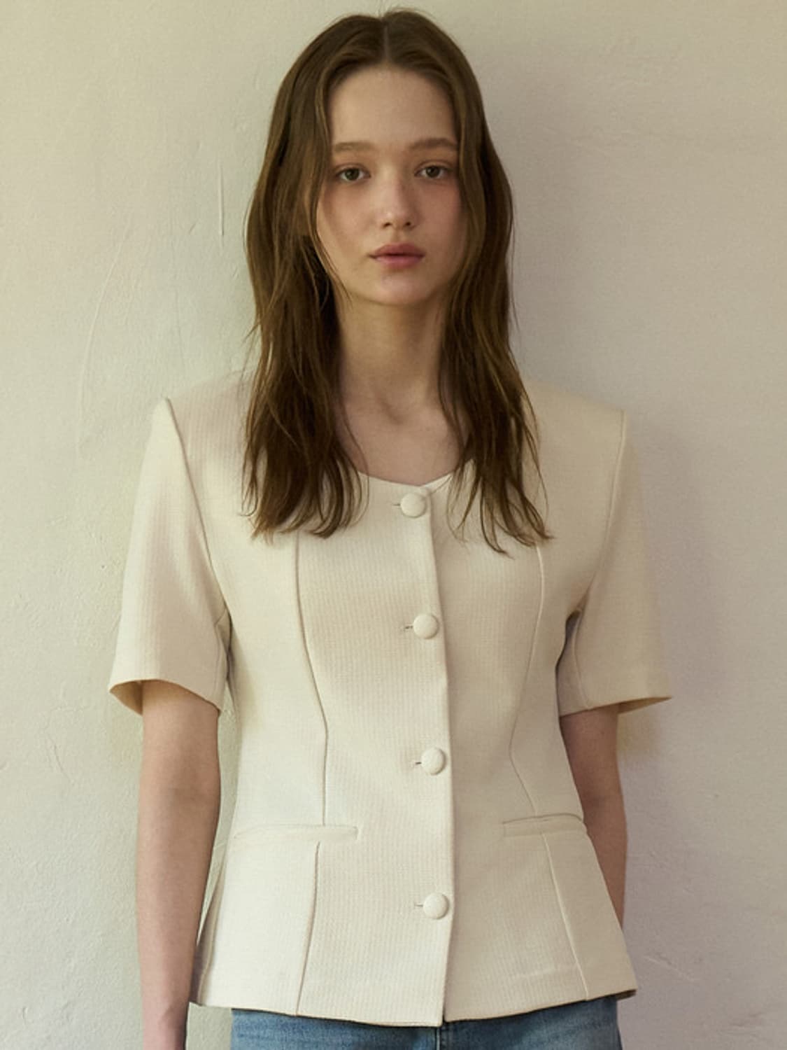 우이 썸머 트위드 스쿱넥 셔츠 자켓 크림아이보리 상품이미지3