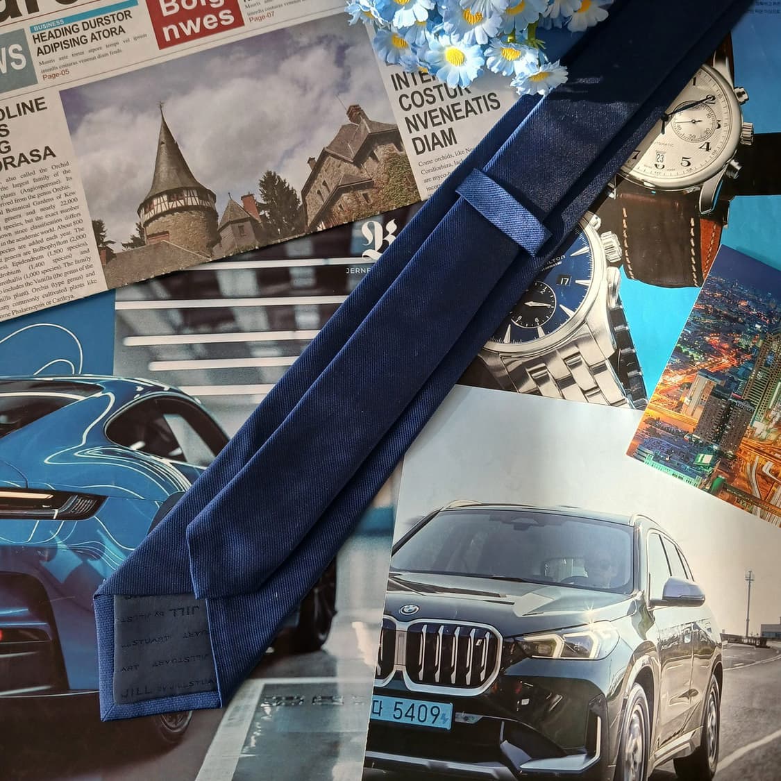 아쿠아스큐텀 실크 네이비 체크 넥타이 9cm A+등급 A19681 상품이미지4