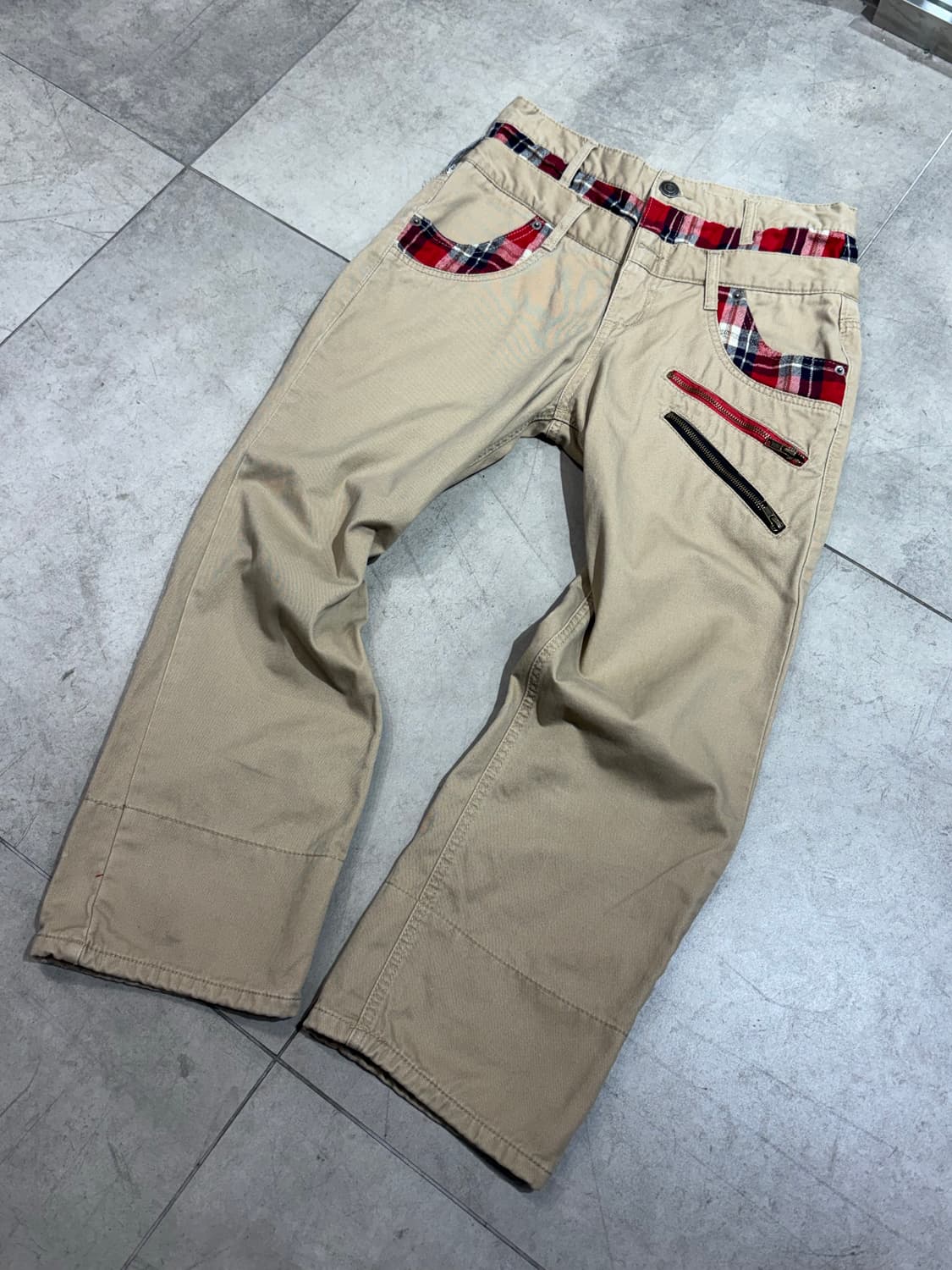 체크 레이어드 지퍼 디테일 와이드 팬츠 상품이미지1